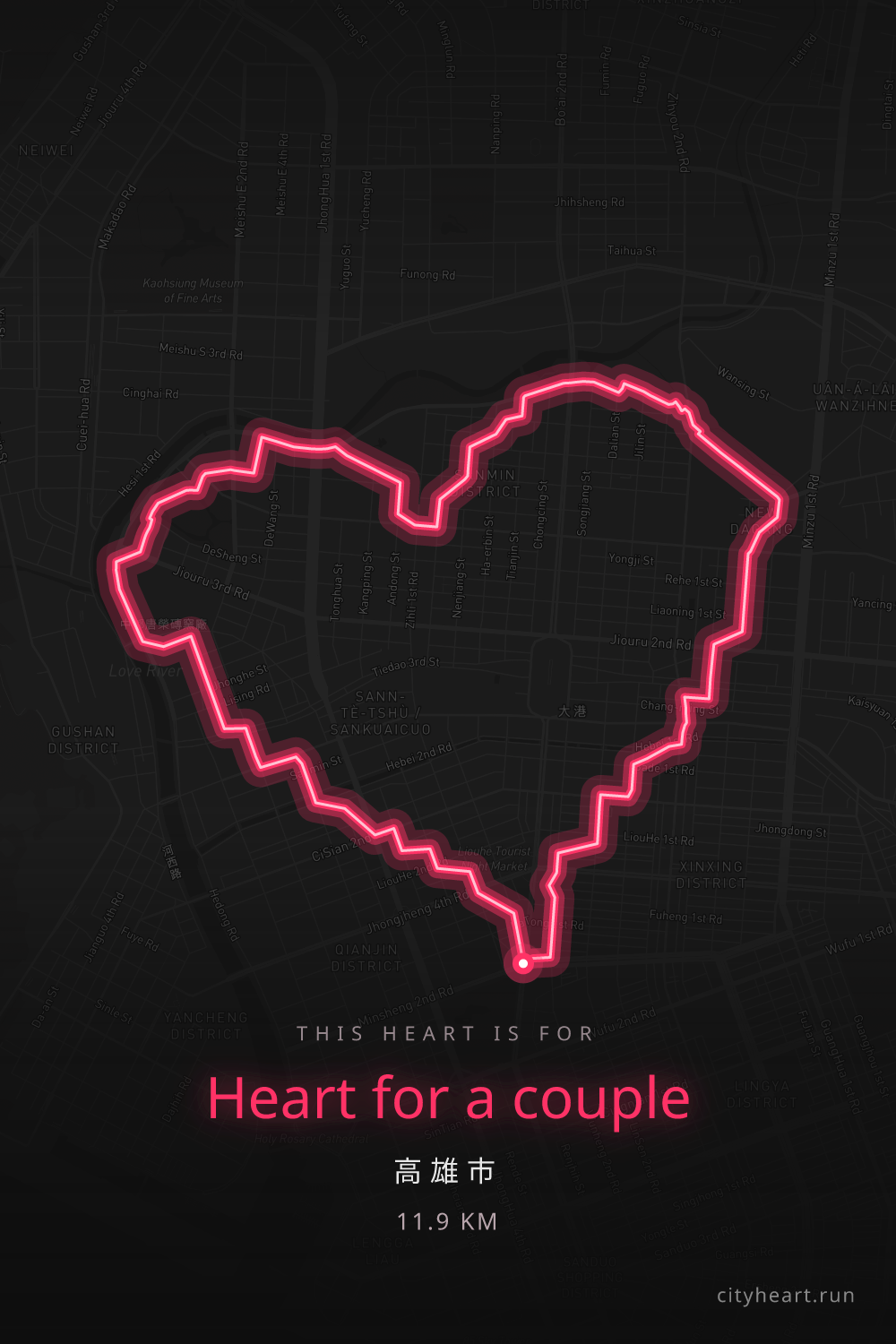 Heart-shaped running route in 高雄市, 13.3 km — GPS art for Strava