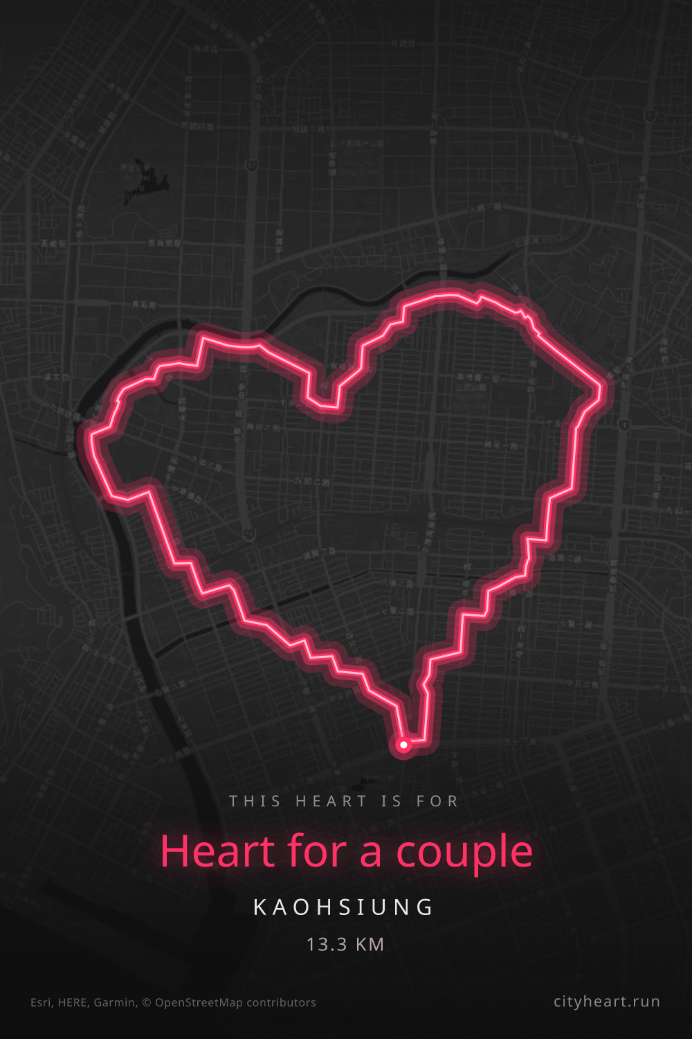 Heart-shaped running route in Kaohsiung, 13.3 km — GPS art for Strava