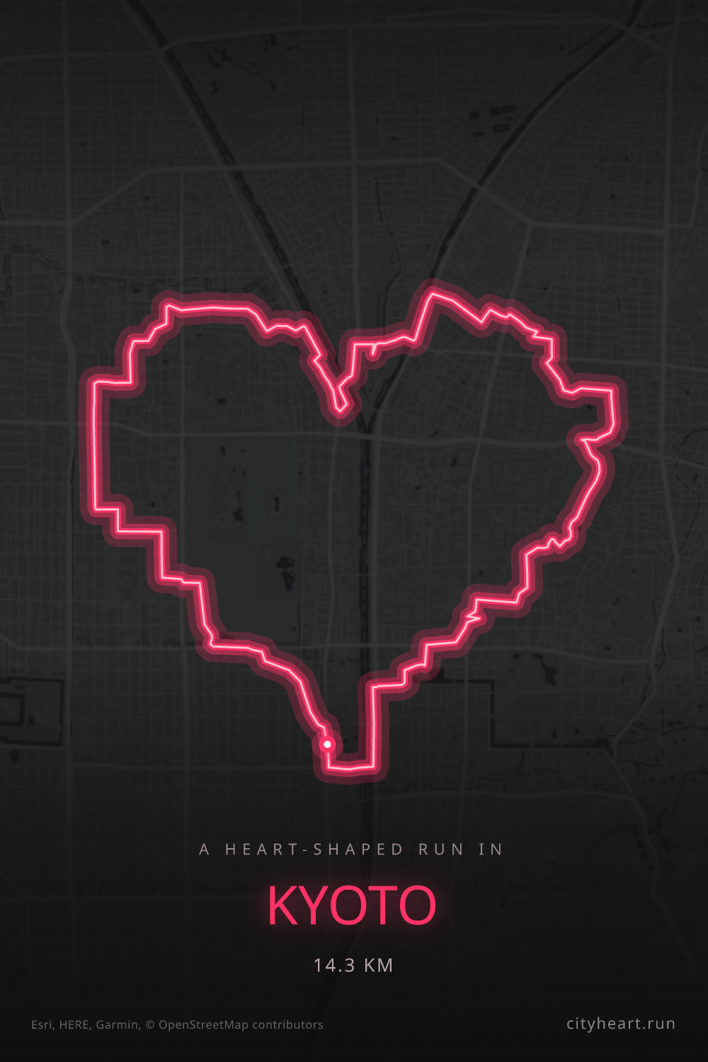 Heart-shaped running route in Kyoto, 14.3 km — GPS art for Strava
