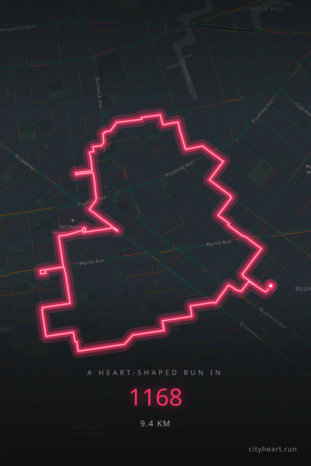 Heart-shaped running route in 1168, 9.4 km — GPS art for Strava