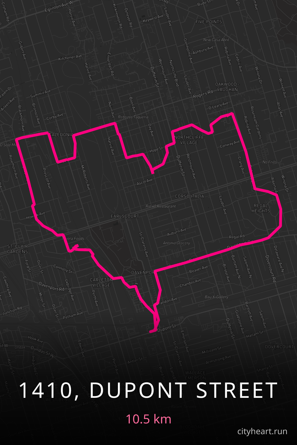 Heart-shaped running route in 1410, Dupont Street, 10.5 km — GPS art for Strava