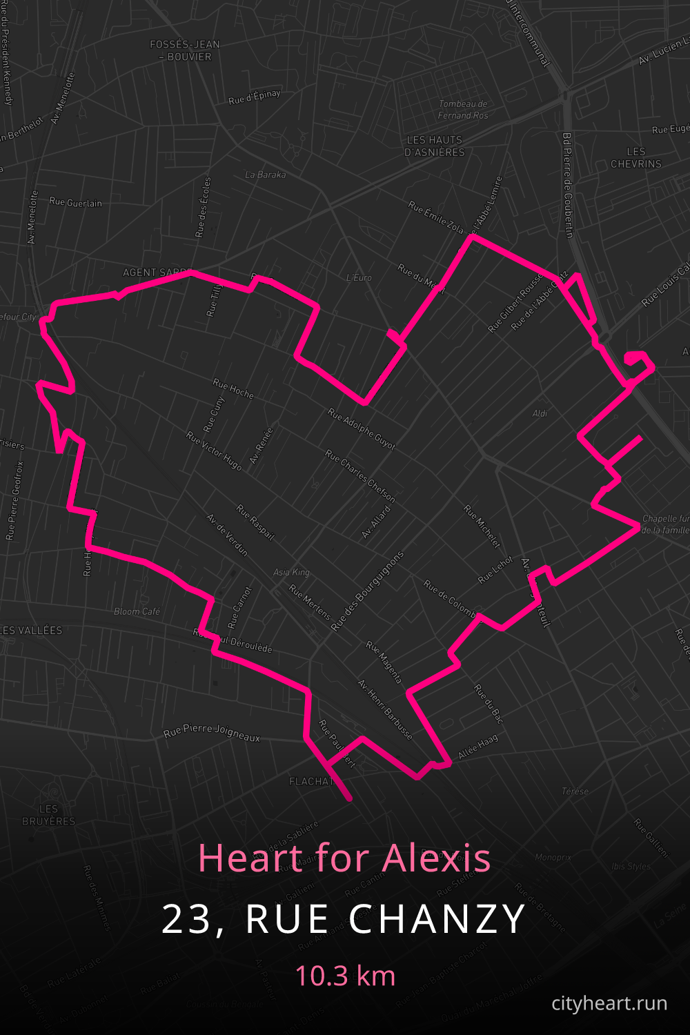 Heart-shaped running route in 23, Rue Chanzy, 11.4 km — GPS art for Strava