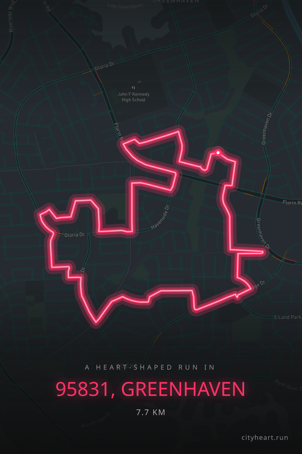 Heart-shaped running route in 95831, Greenhaven, 7.7 km — GPS art for Strava