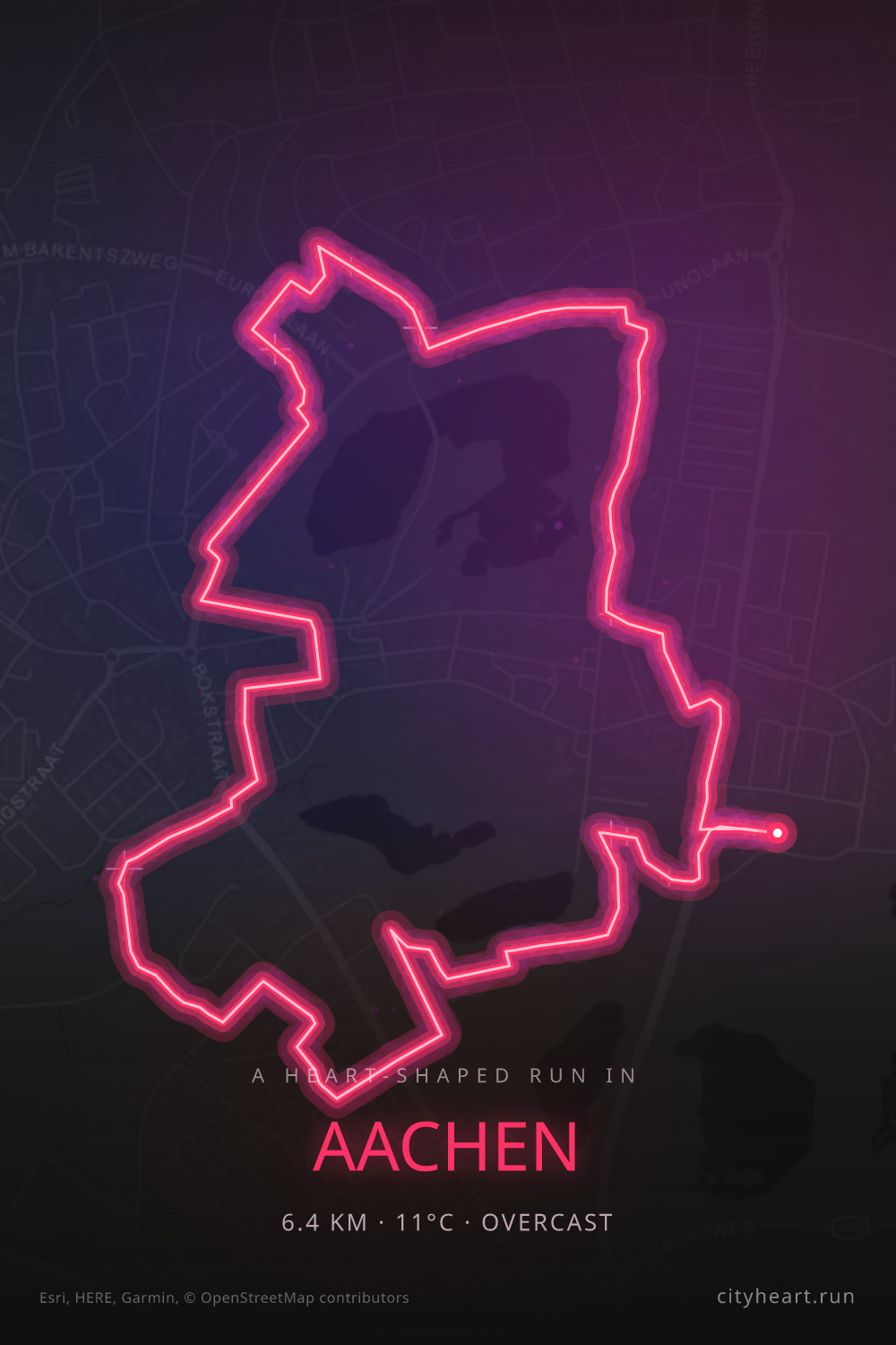 Heart-shaped running route in Aachen, 6.4 km — GPS art for Strava