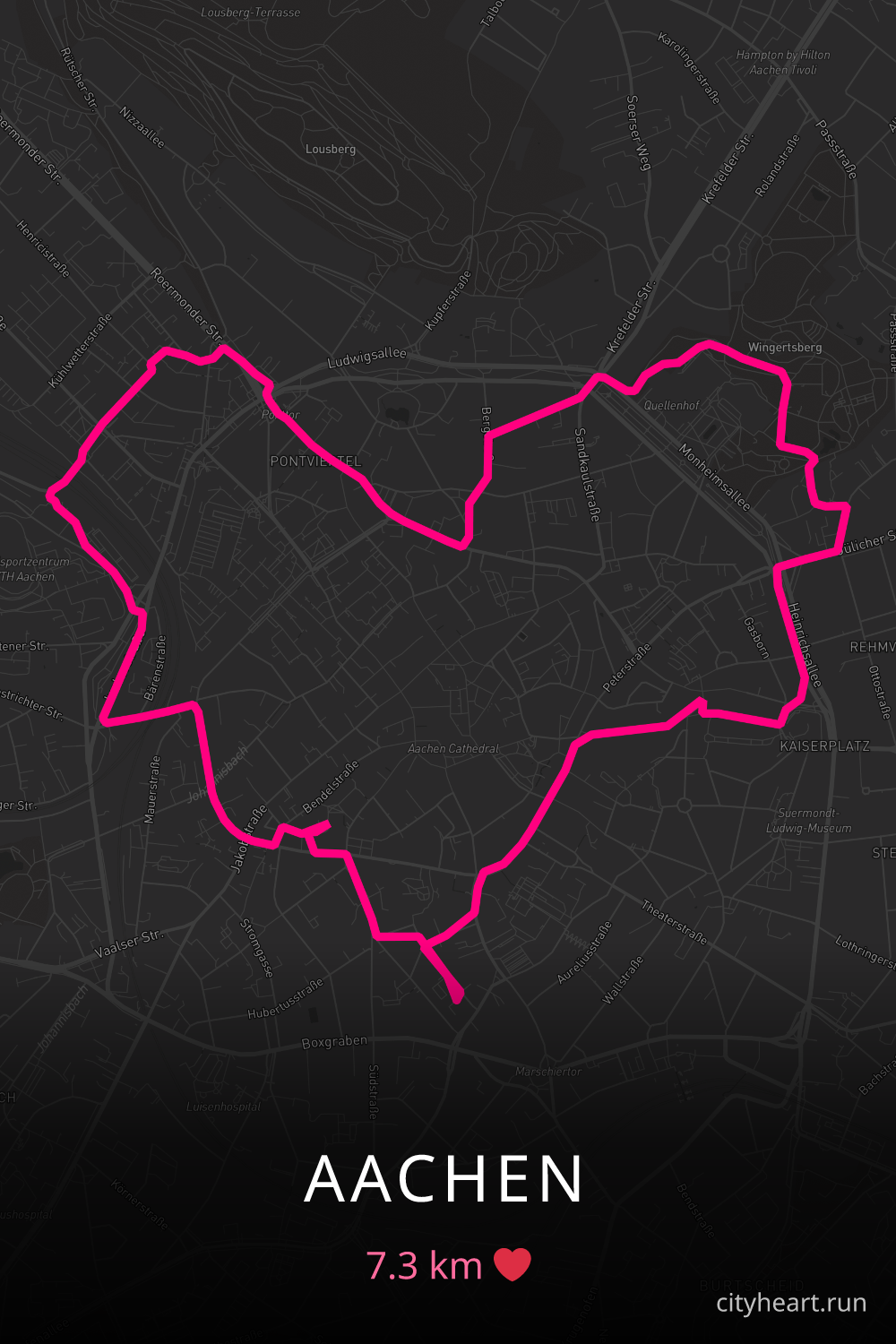 Heart-shaped running route in Aachen, 7.3 km — GPS art for Strava