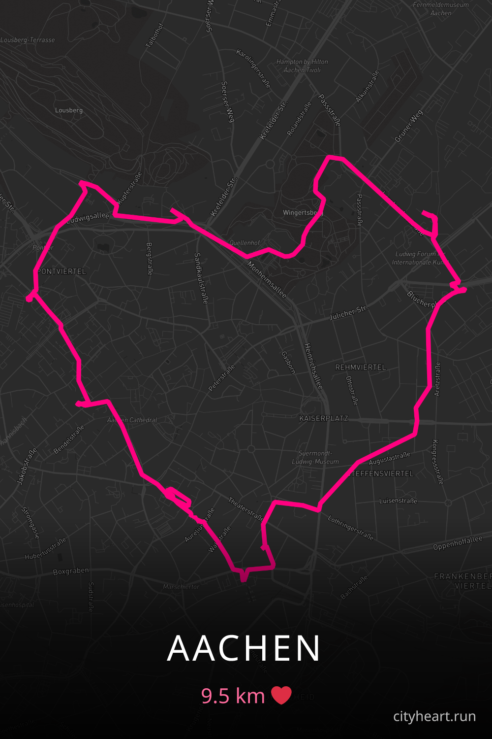Heart-shaped running route in Aachen, 9.5 km — GPS art for Strava