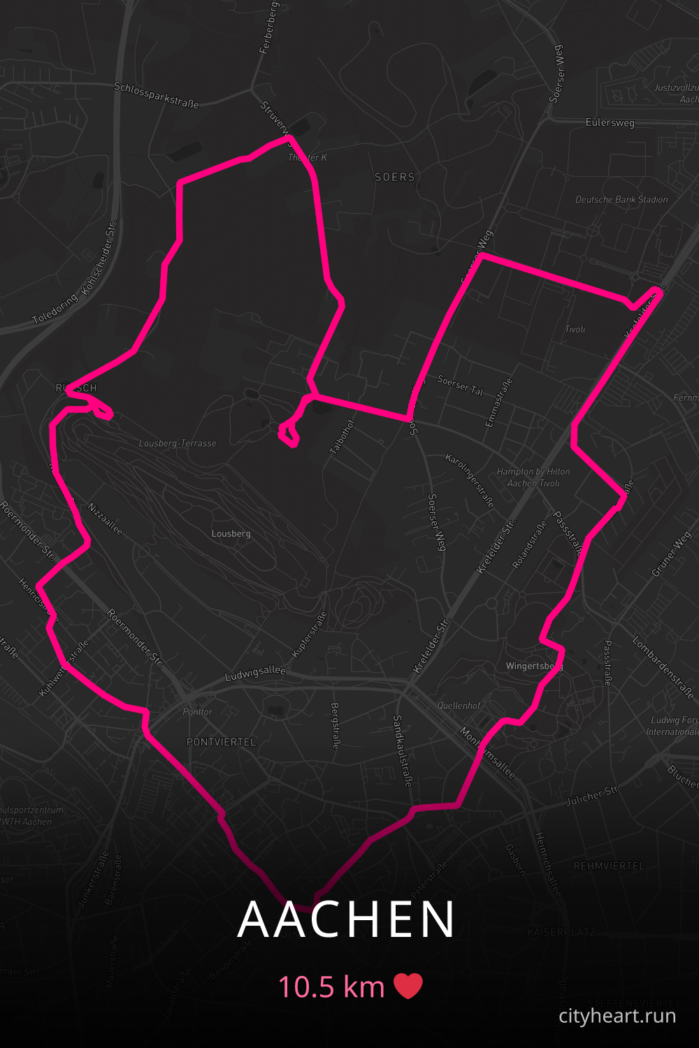 Heart-shaped running route in Aachen, 12.1 km — GPS art for Strava
