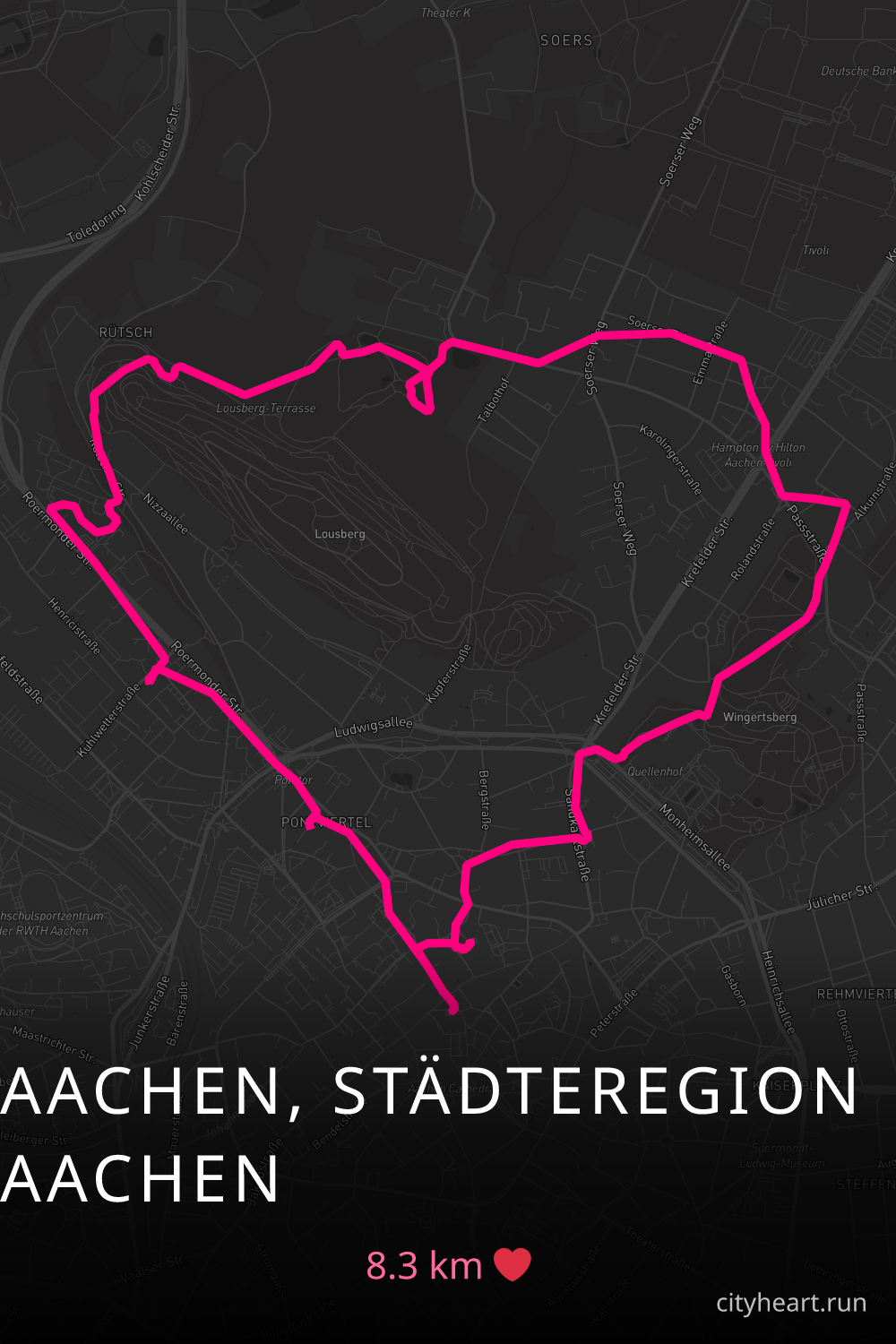 Heart-shaped running route in Aachen, Städteregion Aachen, 8.3 km — GPS art for Strava