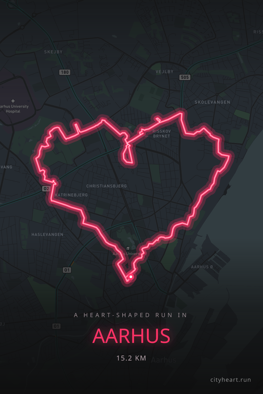 Heart-shaped running route in Aarhus, 16.2 km — GPS art for Strava