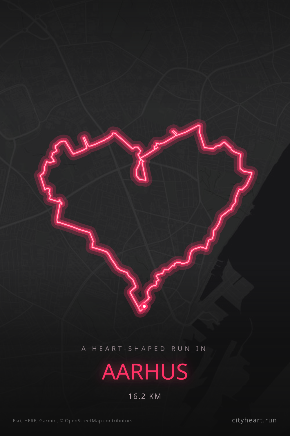 Heart-shaped running route in Aarhus, 16.2 km — GPS art for Strava
