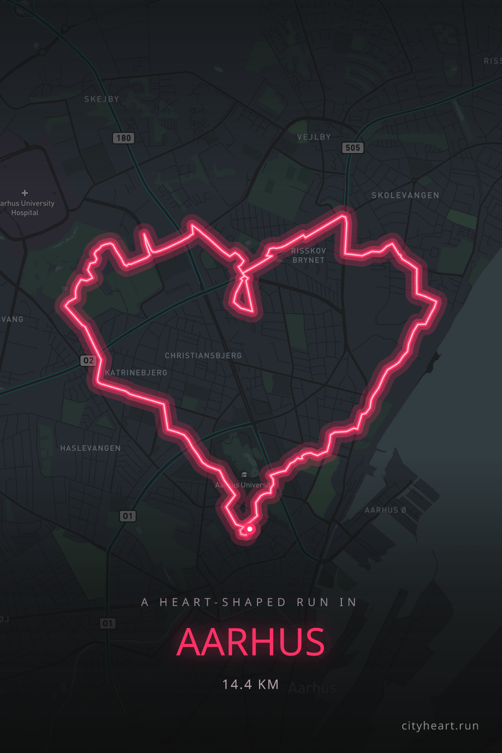 Heart-shaped running route in Aarhus, 14.4 km — GPS art for Strava