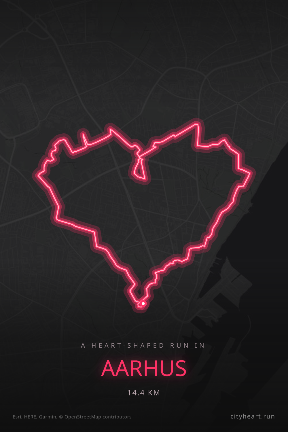 Heart-shaped running route in Aarhus, 14.4 km — GPS art for Strava