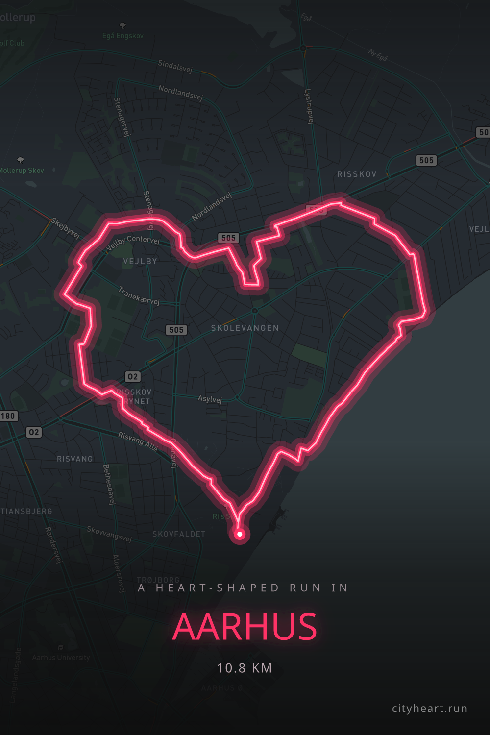 Heart-shaped running route in Aarhus, 10.8 km — GPS art for Strava