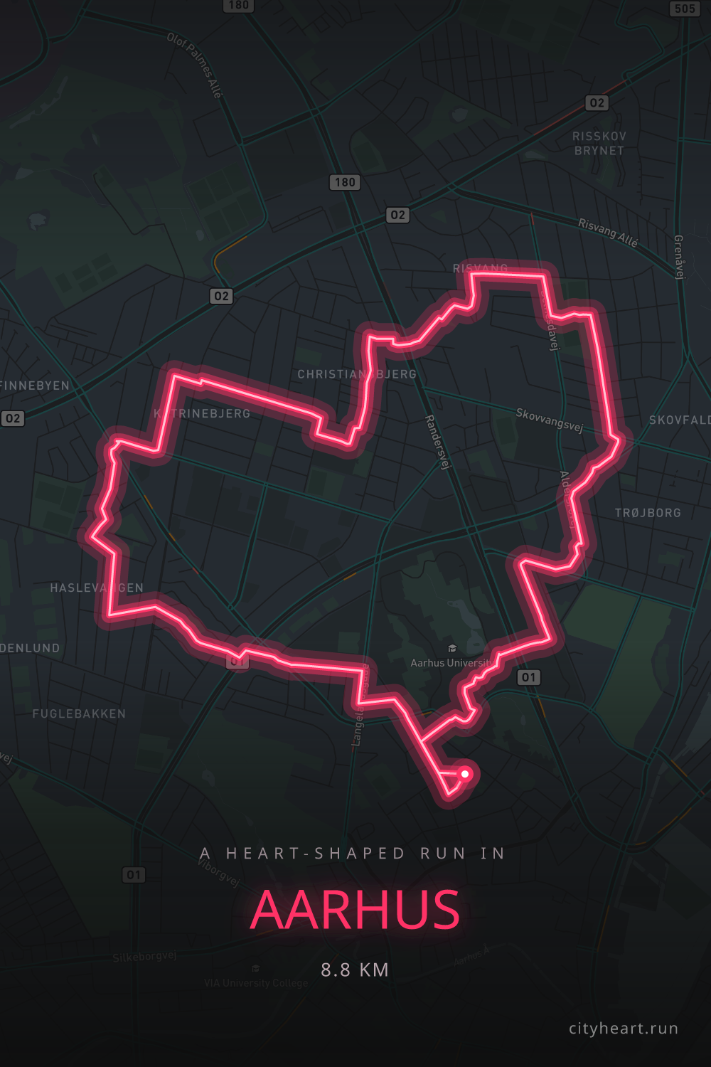 Heart-shaped running route in Aarhus, 8.8 km — GPS art for Strava