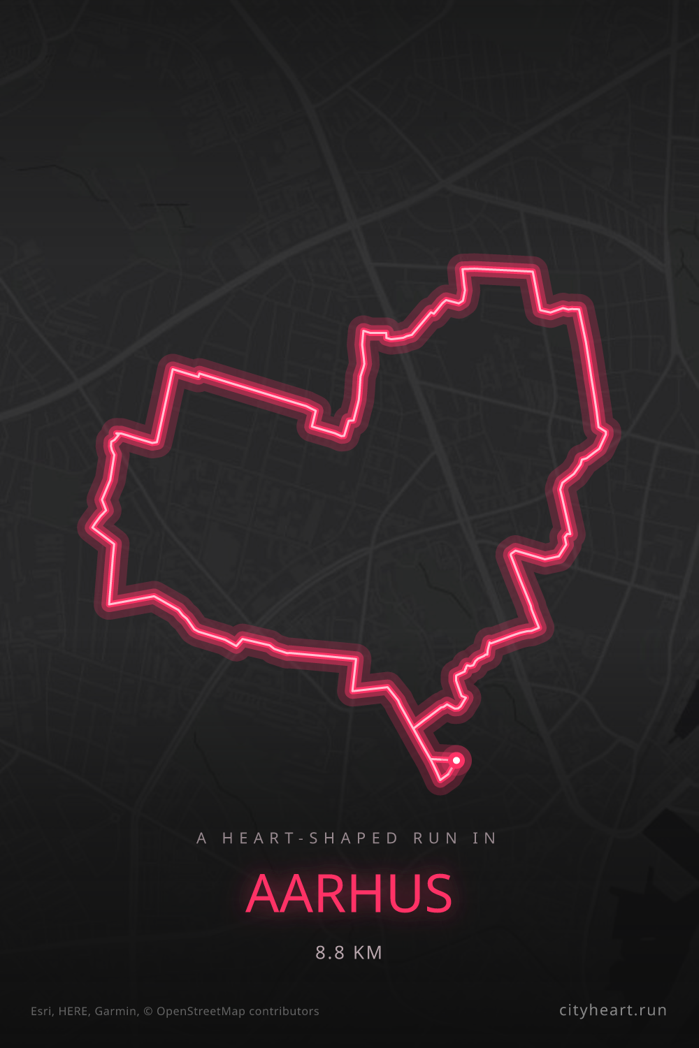 Heart-shaped running route in Aarhus, 8.8 km — GPS art for Strava