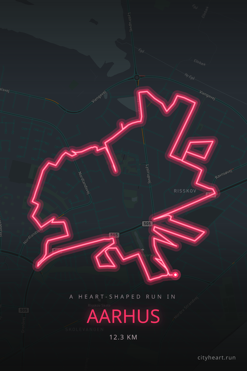 Heart-shaped running route in Aarhus, 12.3 km — GPS art for Strava