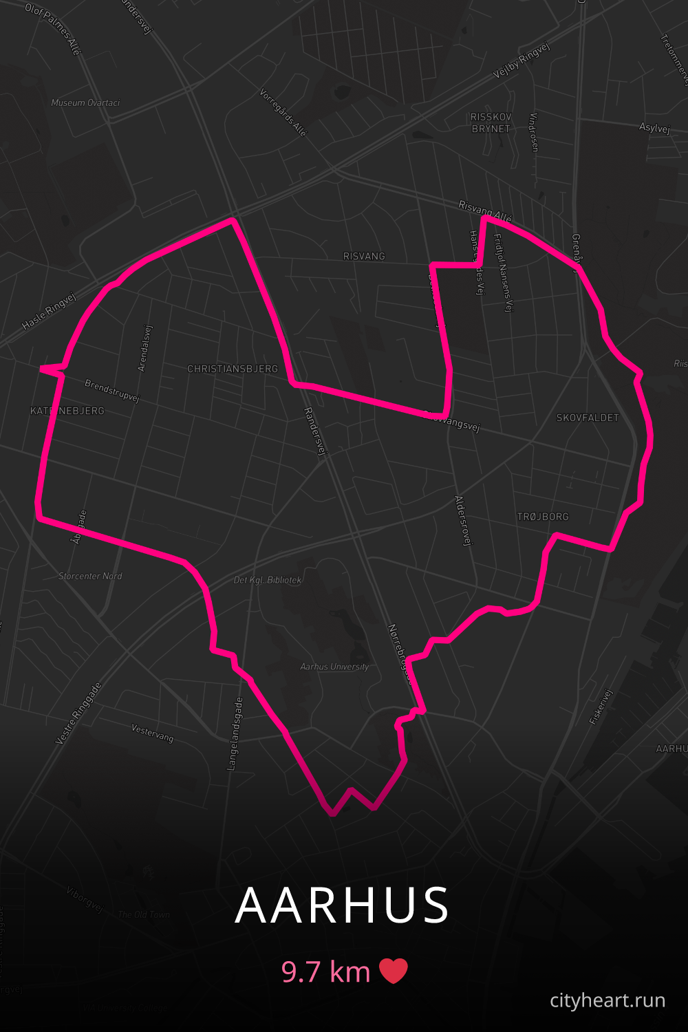 Heart-shaped running route in Aarhus, 9.7 km — GPS art for Strava