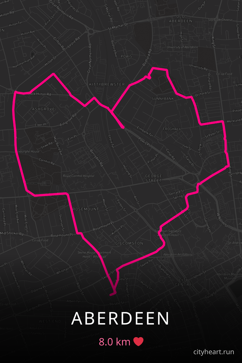 Heart-shaped running route in Aberdeen, 8.0 km — GPS art for Strava