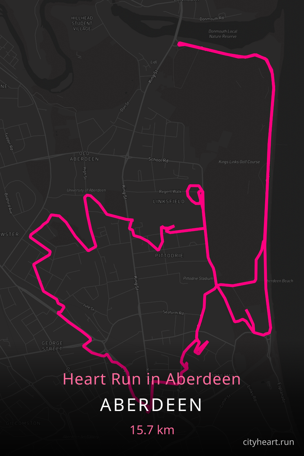 Heart-shaped running route in Aberdeen, 16.9 km — GPS art for Strava
