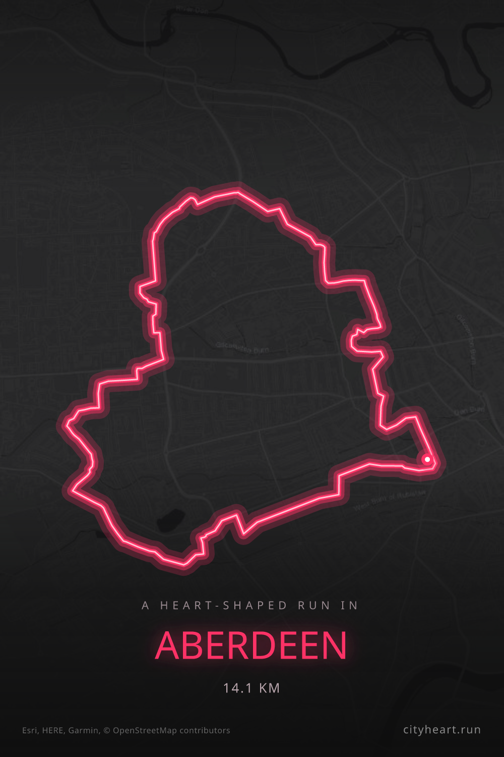 Heart-shaped running route in Aberdeen, 14.1 km — GPS art for Strava