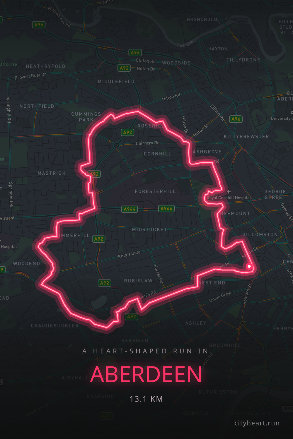 Heart-shaped running route in Aberdeen, 14.1 km — GPS art for Strava