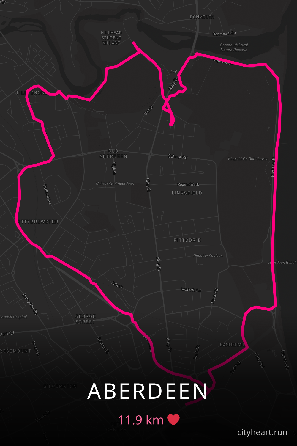 Heart-shaped running route in Aberdeen, 11.9 km — GPS art for Strava