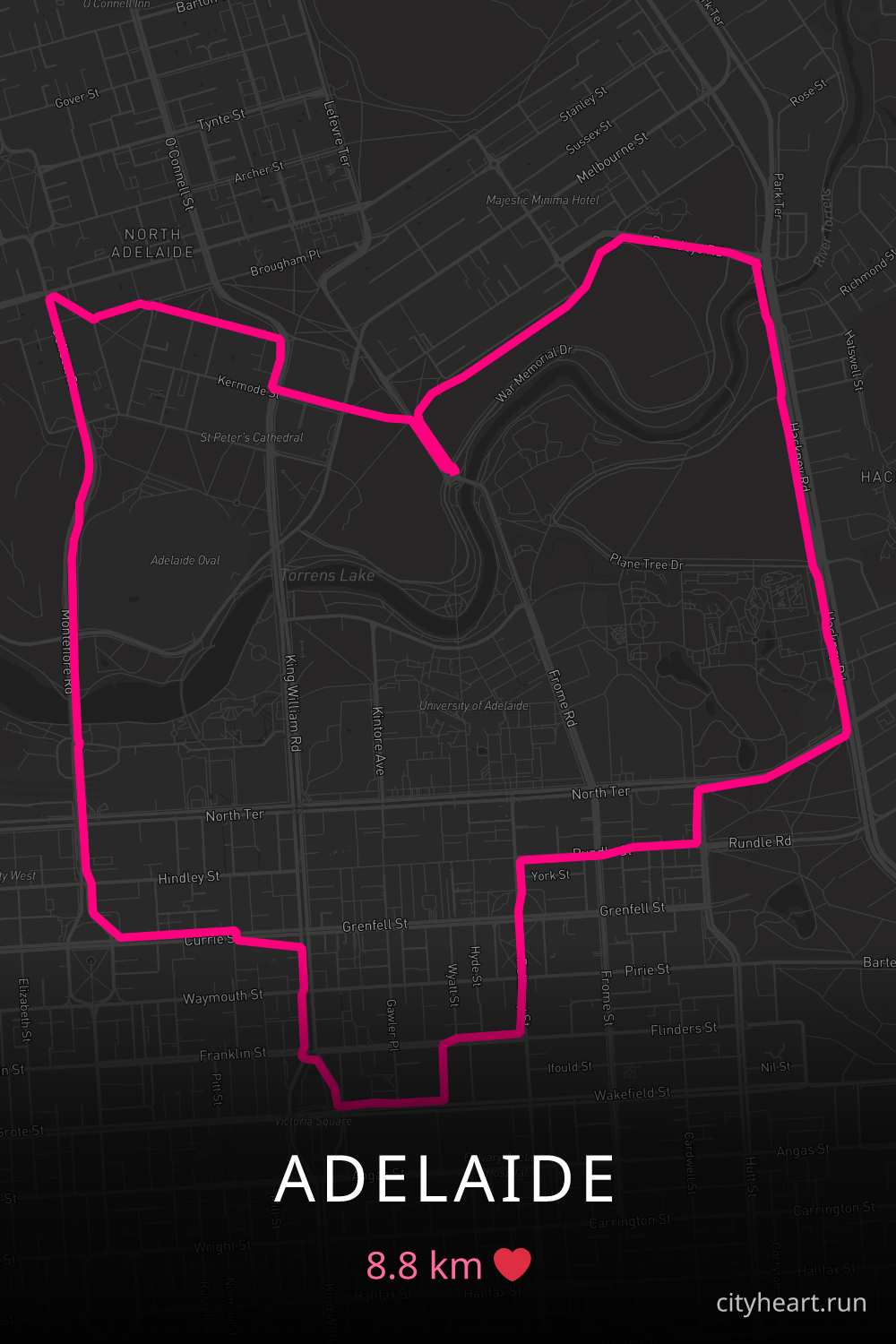 Heart-shaped running route in Adelaide, 8.8 km — GPS art for Strava