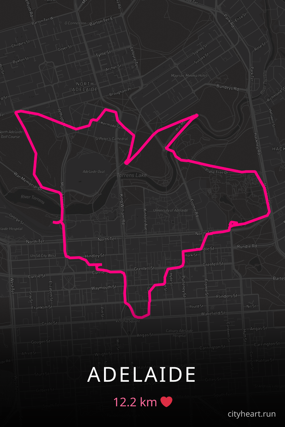 Heart-shaped running route in Adelaide, 12.2 km — GPS art for Strava