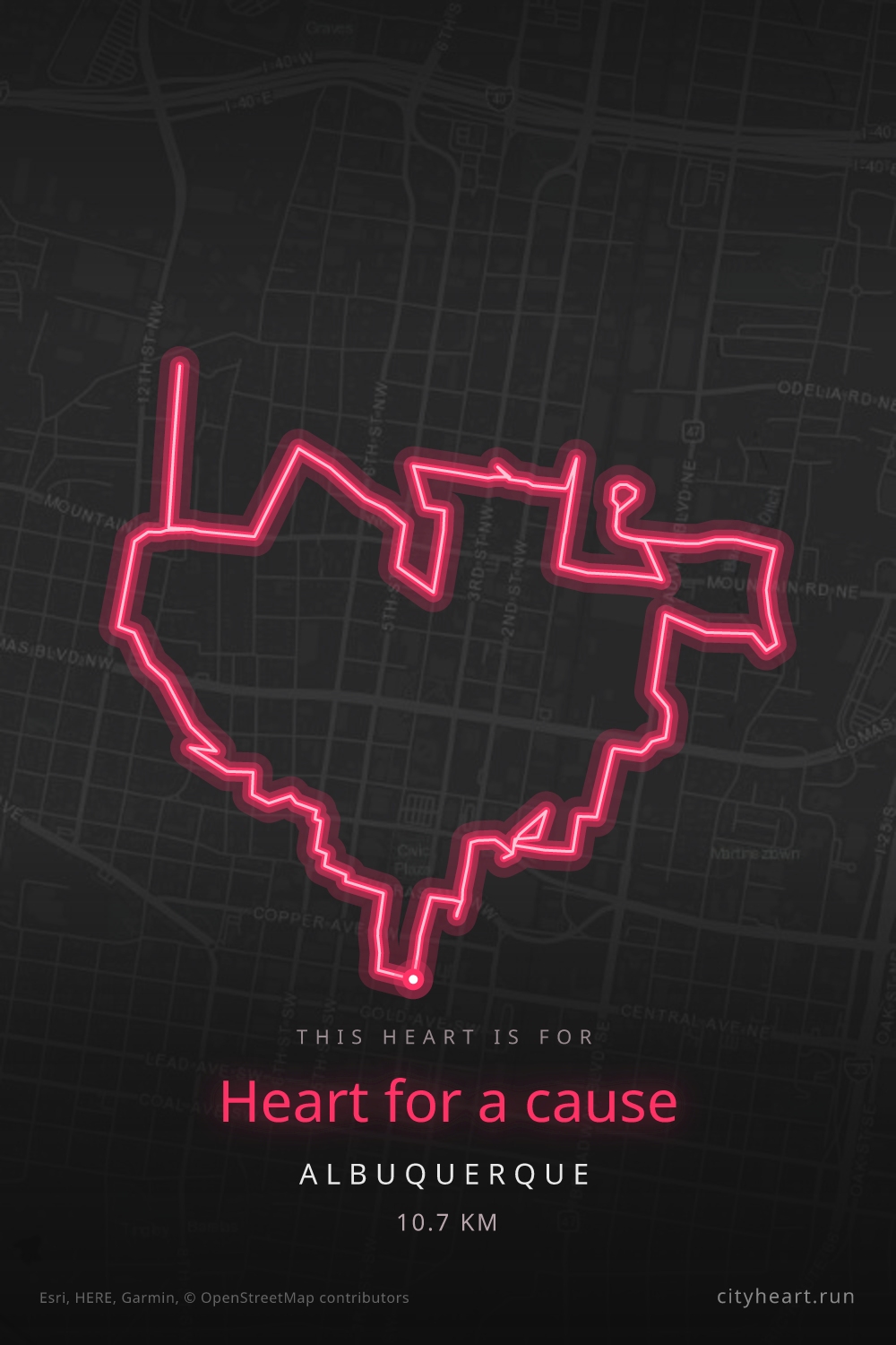 Heart-shaped running route in Albuquerque, 10.7 km — GPS art for Strava