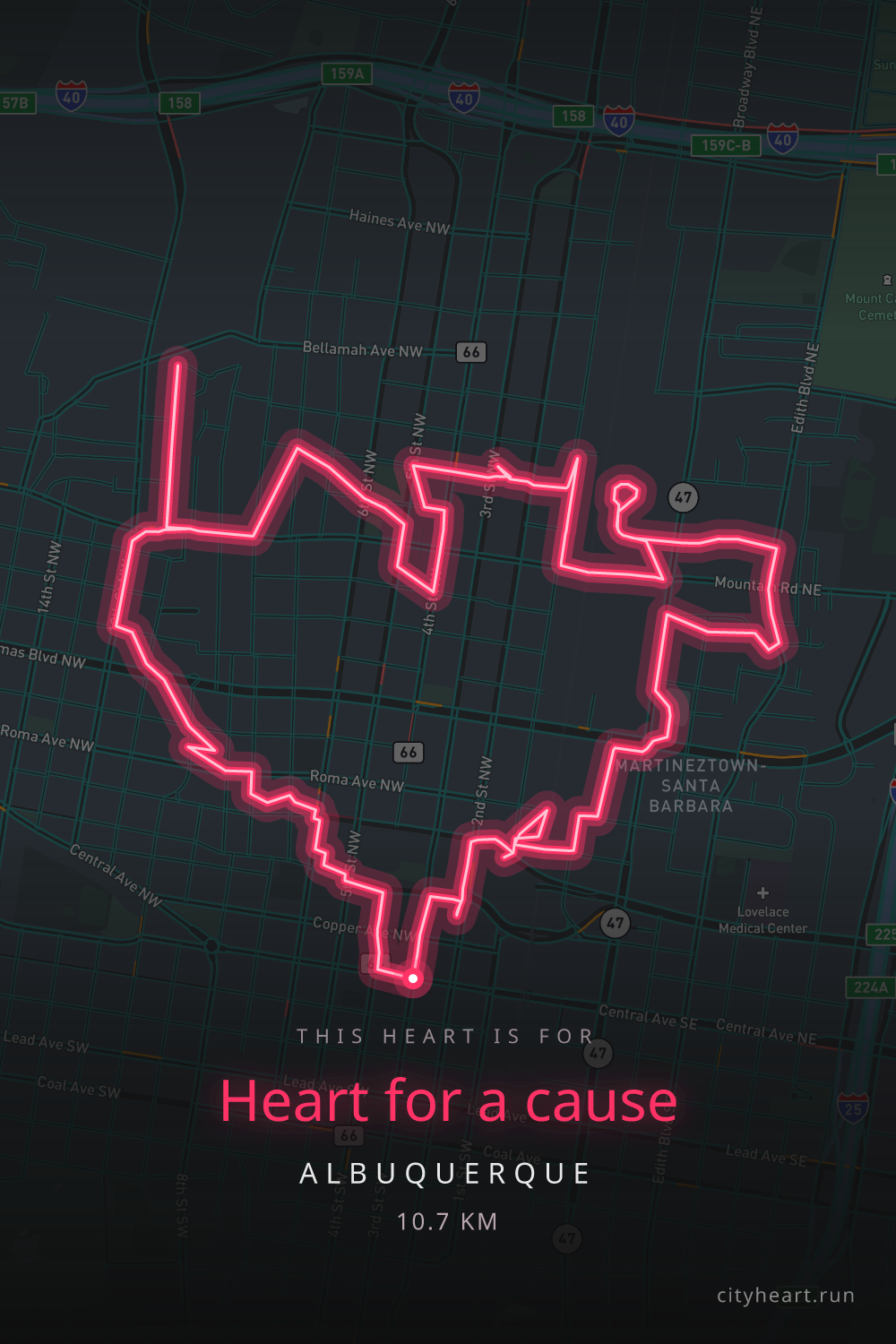 Heart-shaped running route in Albuquerque, 10.7 km — GPS art for Strava