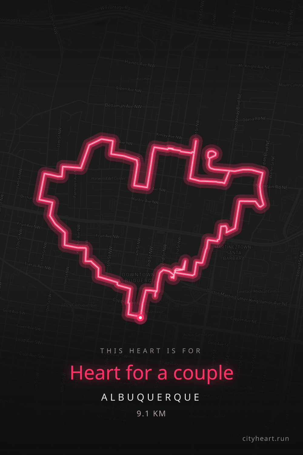 Heart-shaped running route in Albuquerque, 10.0 km — GPS art for Strava