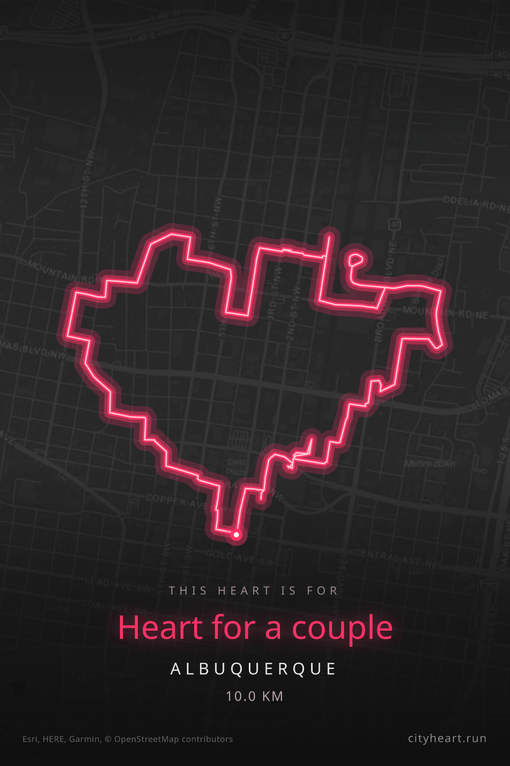 Heart-shaped running route in Albuquerque, 10.0 km — GPS art for Strava