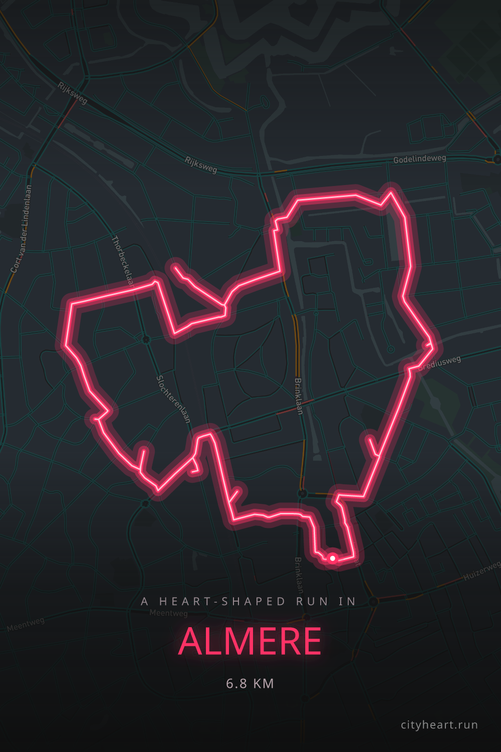 Heart-shaped running route in Almere, 6.8 km — GPS art for Strava