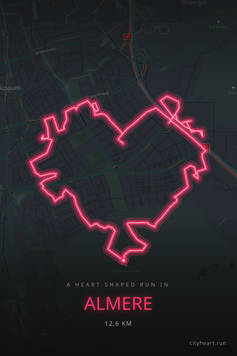 Heart-shaped running route in Almere, 12.6 km — GPS art for Strava