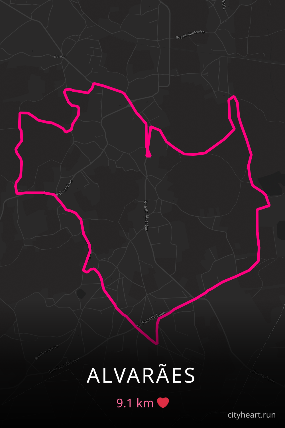 Heart-shaped running route in Alvarães, 9.1 km — GPS art for Strava