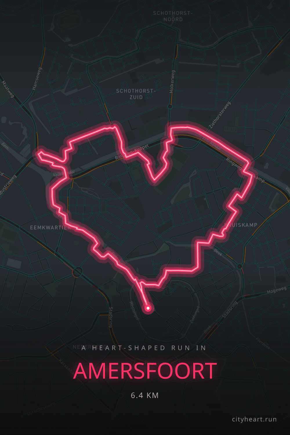 Heart-shaped running route in Amersfoort, 6.4 km — GPS art for Strava