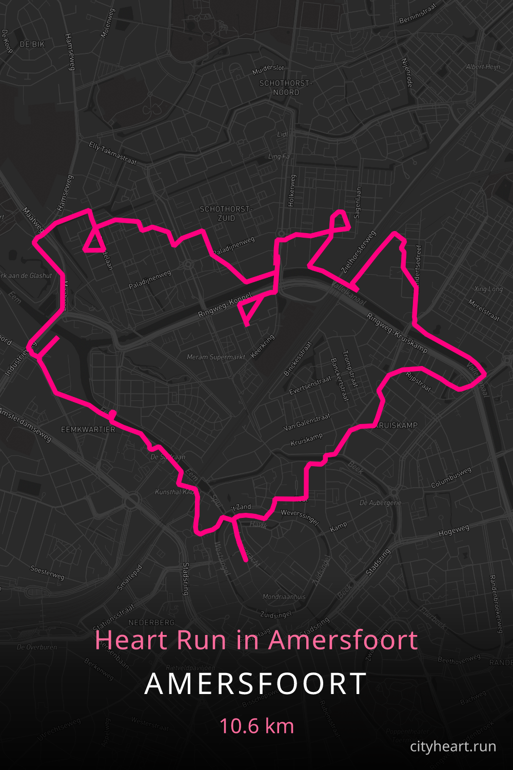 Heart-shaped running route in Amersfoort, 11.4 km — GPS art for Strava