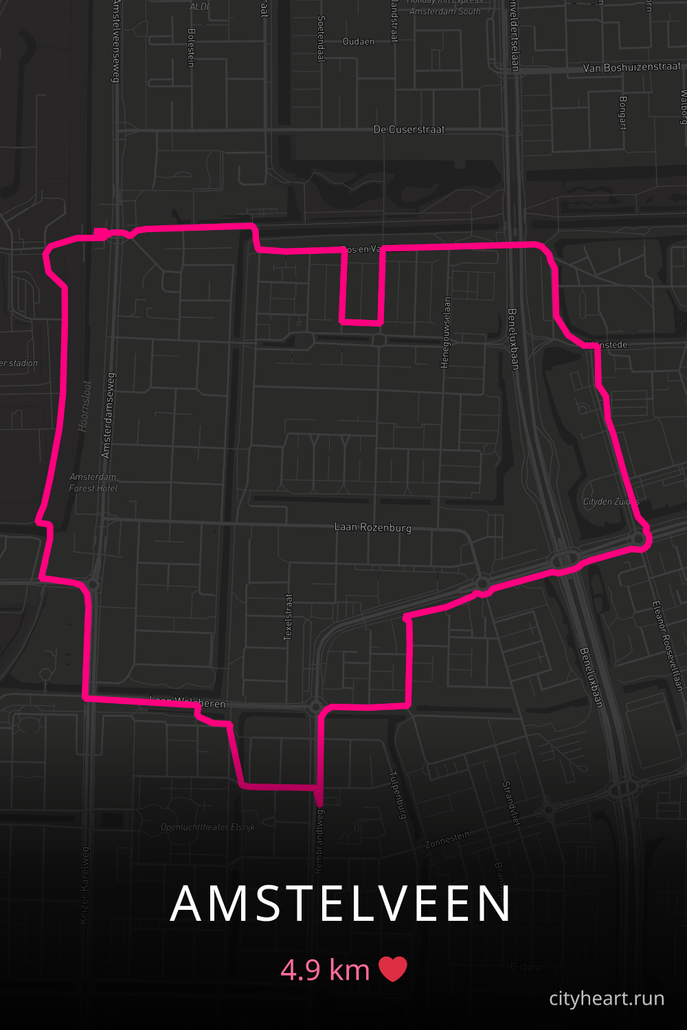 Heart-shaped running route in Amstelveen, 4.9 km — GPS art for Strava