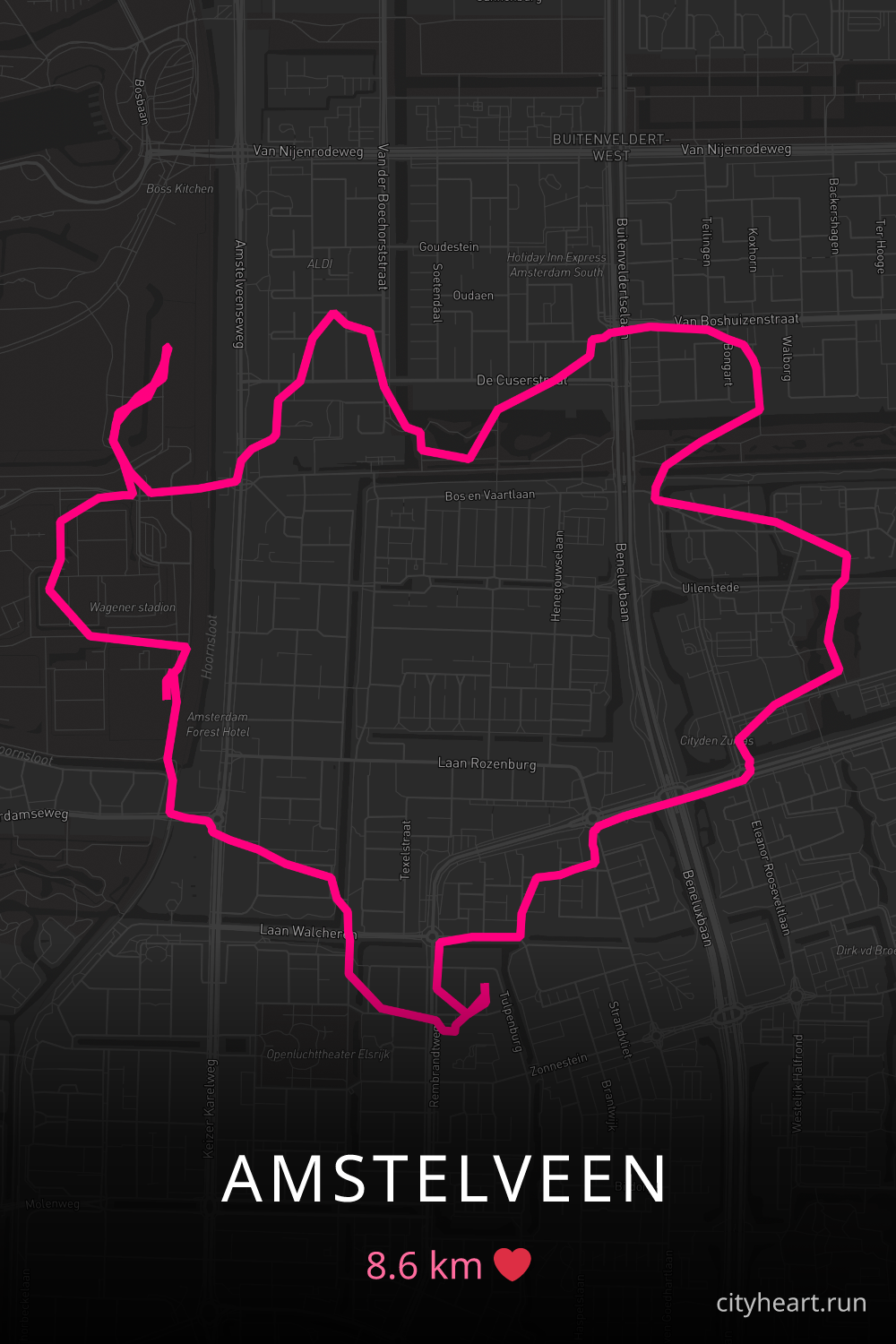 Heart-shaped running route in Amstelveen, 8.6 km — GPS art for Strava