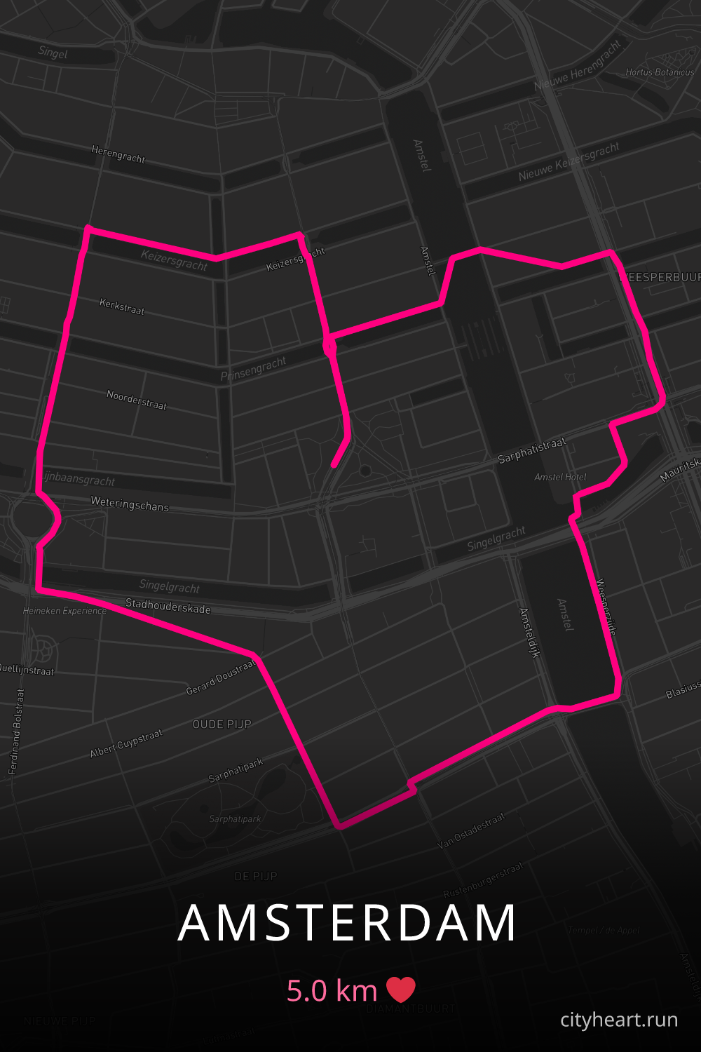 Heart-shaped running route in Amsterdam, 5.0 km — GPS art for Strava