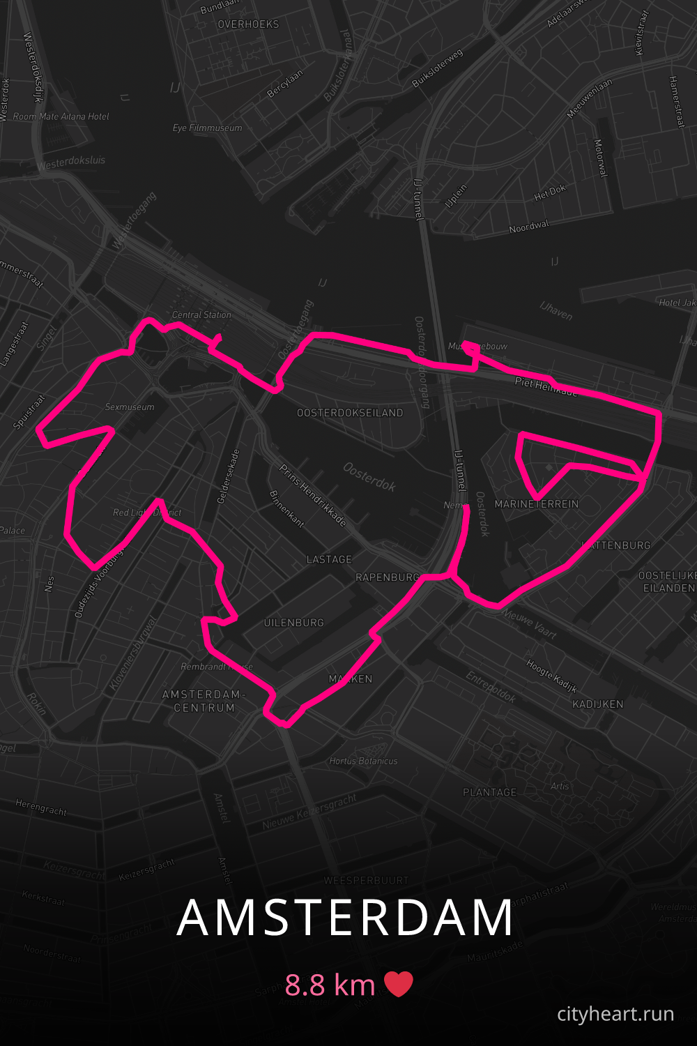 Heart-shaped running route in Amsterdam, 8.8 km — GPS art for Strava