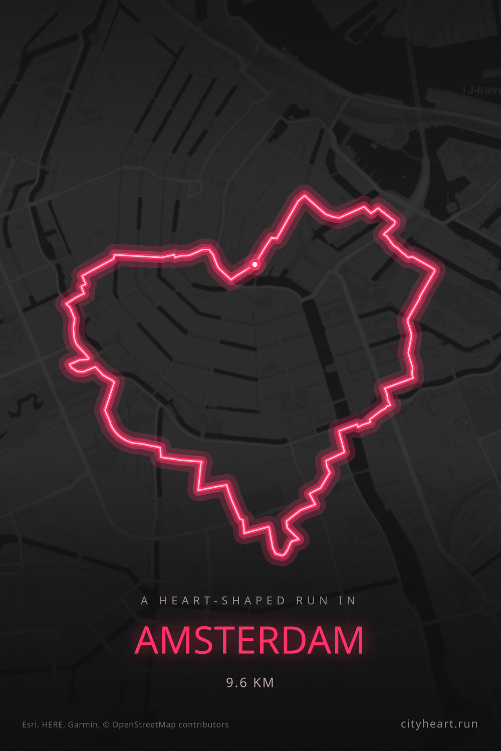 Heart-shaped running route in Amsterdam, 9.6 km — GPS art for Strava