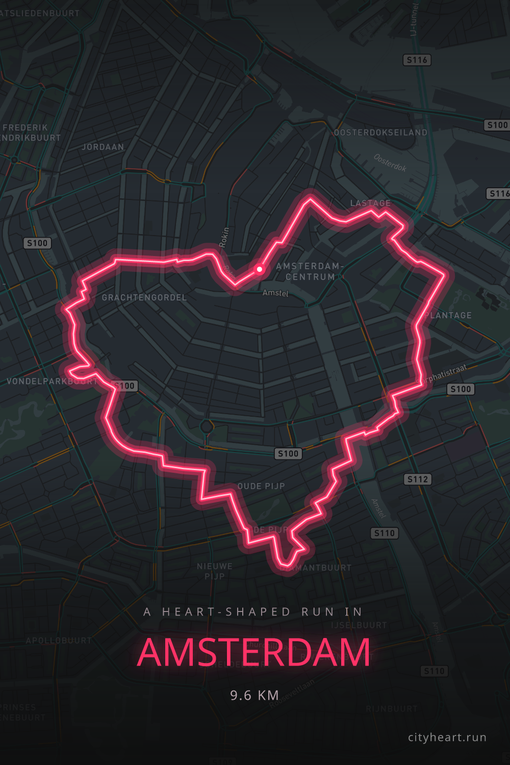Heart-shaped running route in Amsterdam, 9.6 km — GPS art for Strava