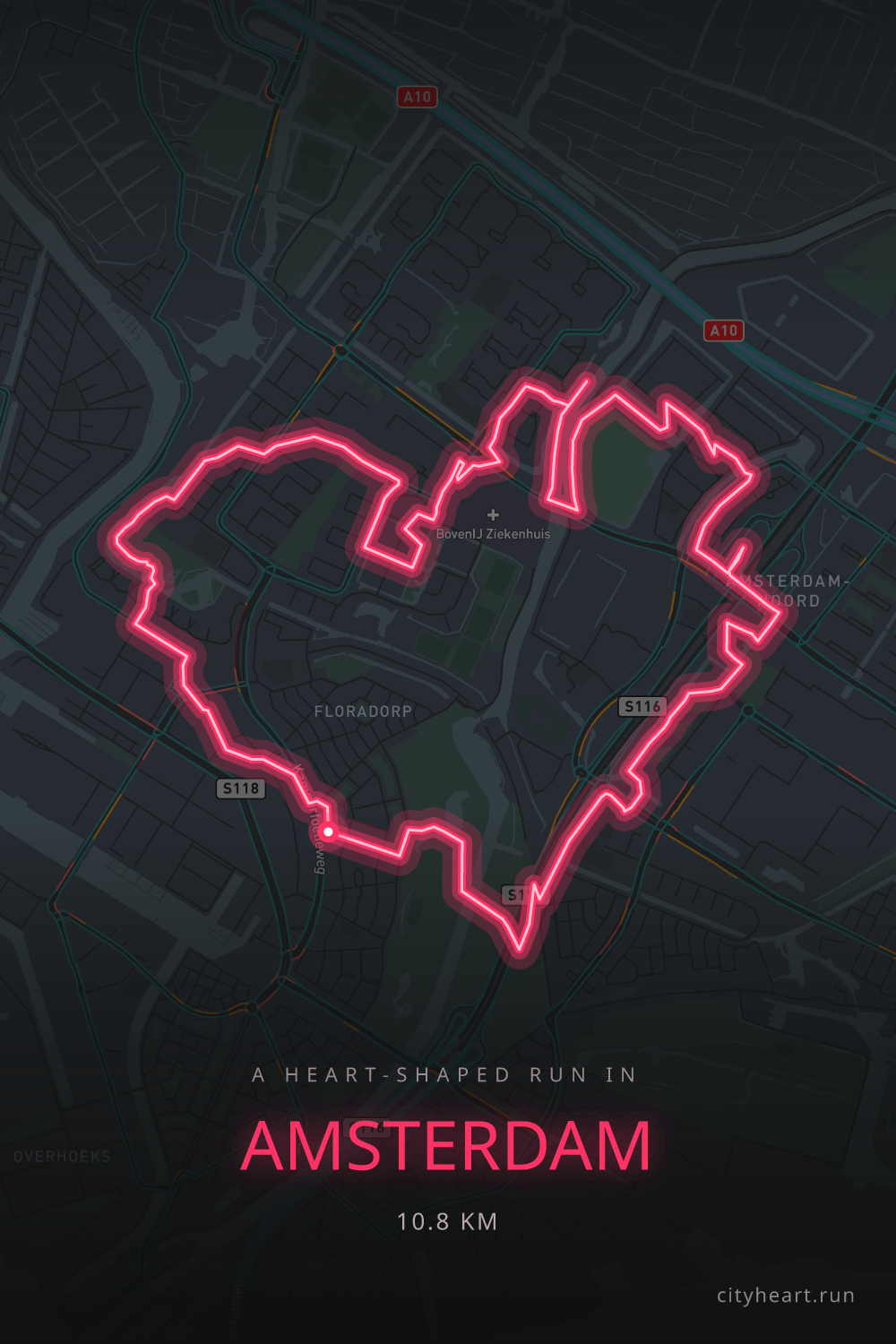 Heart-shaped running route in Amsterdam, 10.8 km — GPS art for Strava