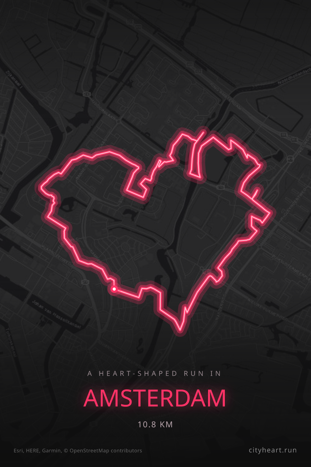 Heart-shaped running route in Amsterdam, 10.8 km — GPS art for Strava