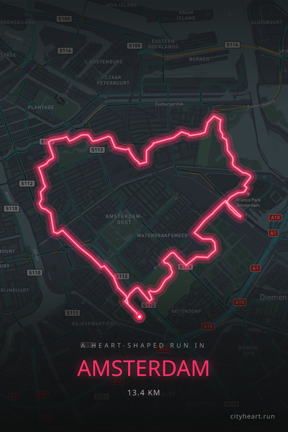 Heart-shaped running route in Amsterdam, 13.4 km — GPS art for Strava