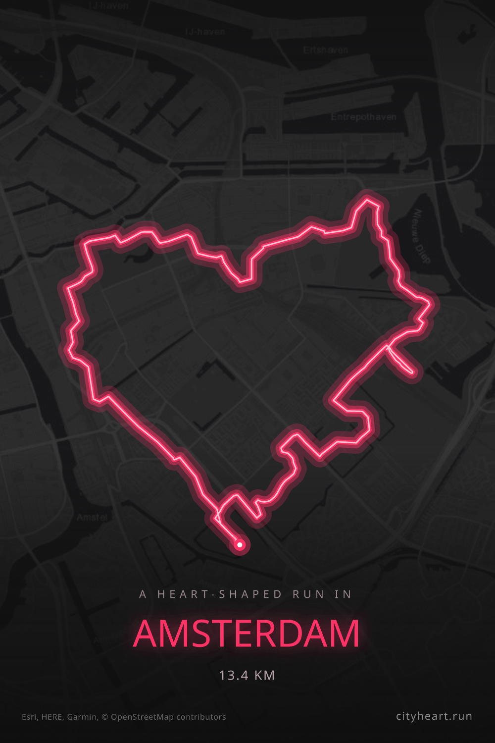 Heart-shaped running route in Amsterdam, 13.4 km — GPS art for Strava