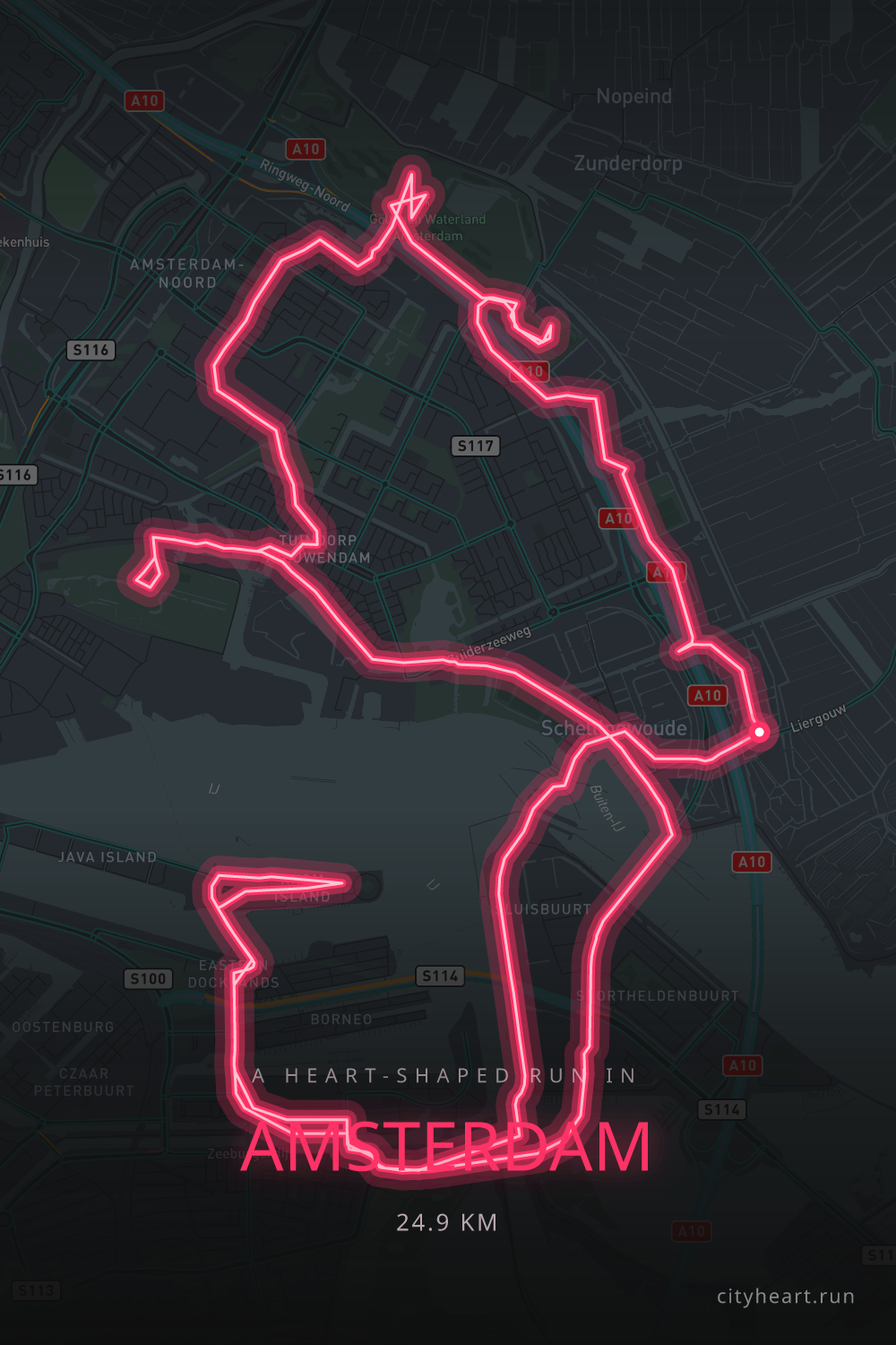 Heart-shaped running route in Amsterdam, 24.9 km — GPS art for Strava