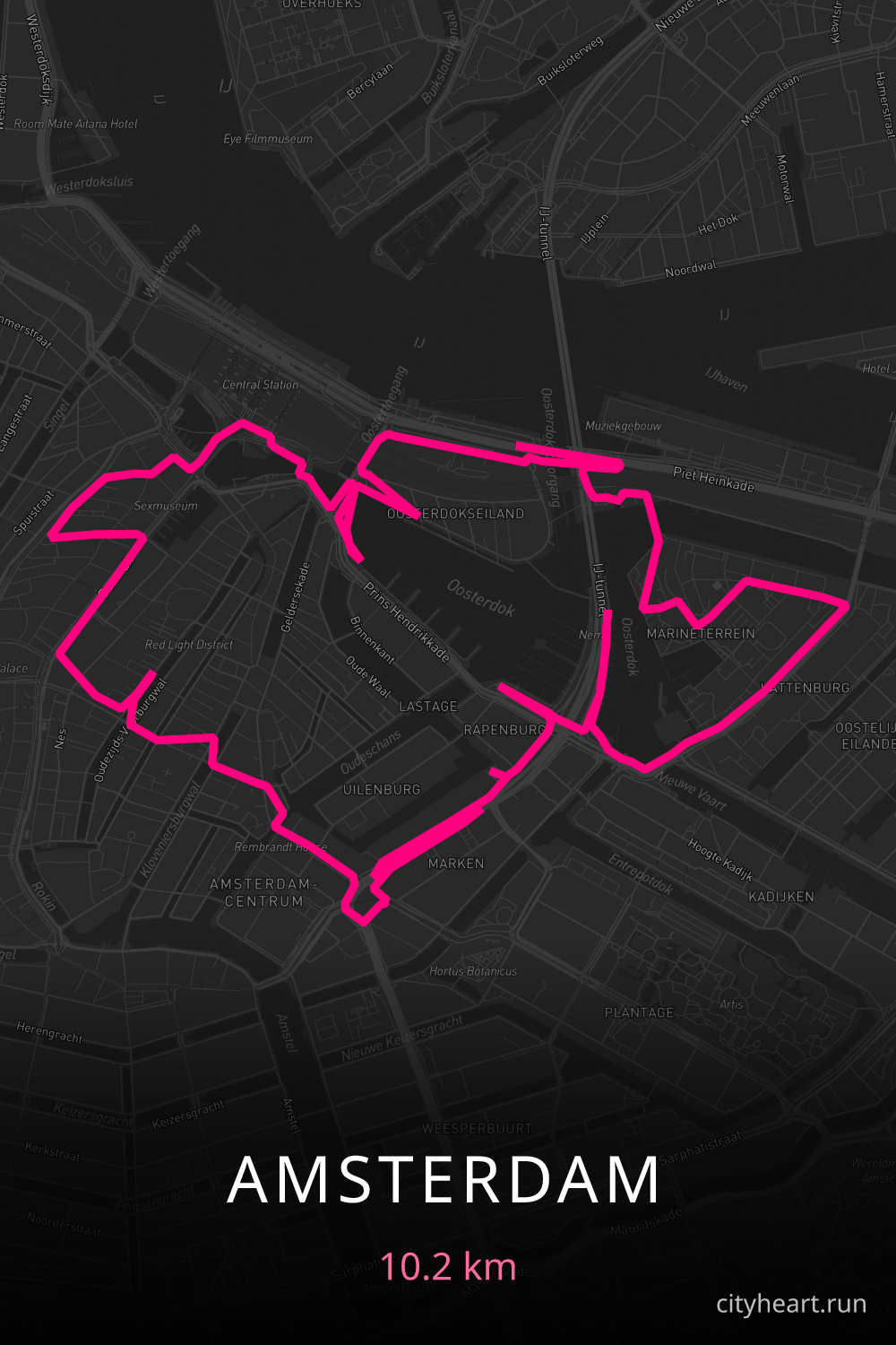 Heart-shaped running route in Amsterdam, 10.2 km — GPS art for Strava
