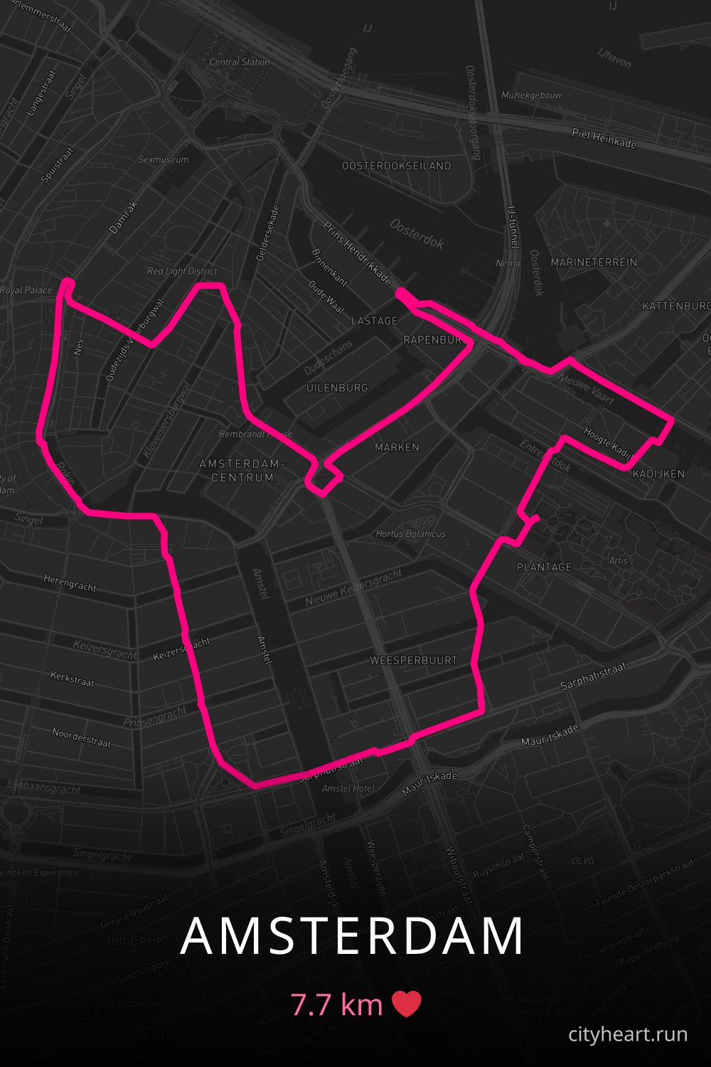 Heart-shaped running route in Amsterdam, 7.7 km — GPS art for Strava